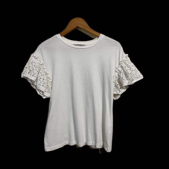 AllSaints White Trixi Eyelet Ruffle Short Sleeves Cotton Tee Shirt Top Sz S - Picture 1 of 6